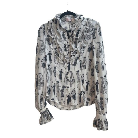 Blingdor Tops - Blingdor White Chiffon Button up Ruffle Blouse with Outlined Women Novelty Print